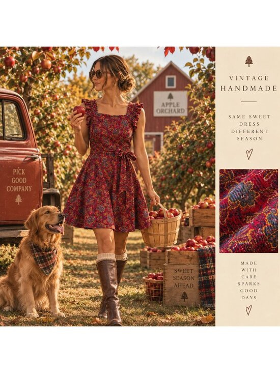 Handmade Dresses & Skirts - Vintage Handmade Red Floral Corduroy Dress With Ruffle Sleeves & Tie Waist - Swe